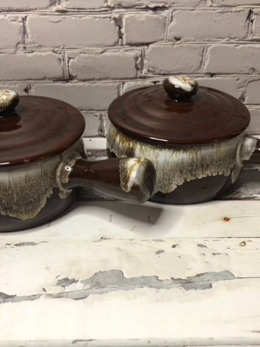 Vintage Brown Drip Glaze Stoneware Soup Crocks with Lids - Made in Japan